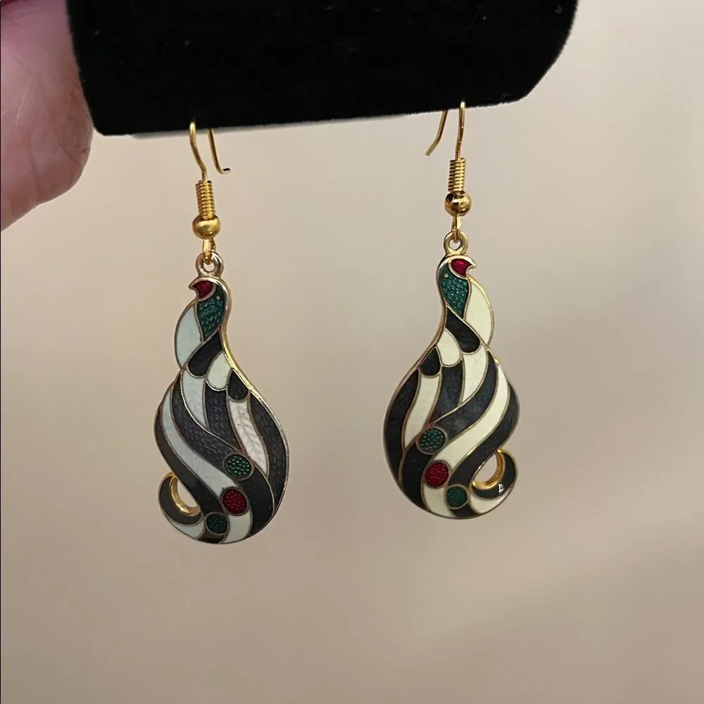 Vintage Cloisonné Black & White Striped Bird Earrings Multicolor Swirl Earrings